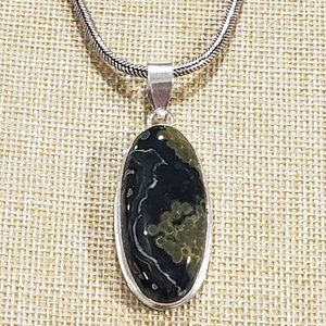 Natural Ocean Jasper Gemstone 925 Silver Large, Thick Pendant Long Necklace